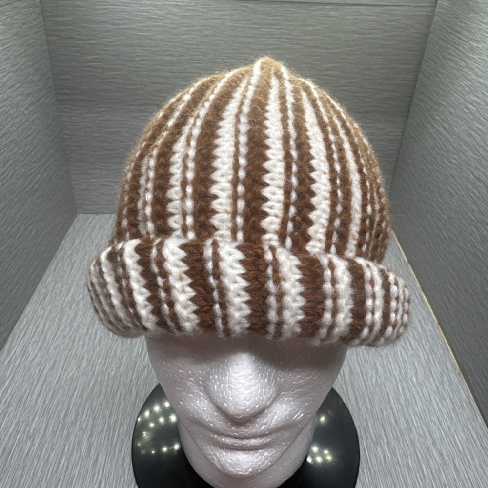 Anthropologie Women's Brown White Striped Knit Beanie Winter‎ Hat OSFM
